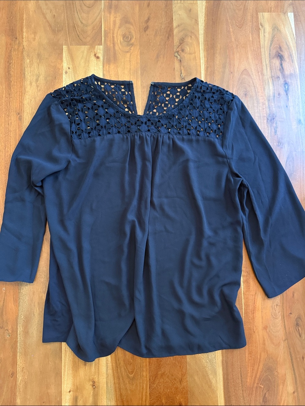 Ann Taylor Navy Crochet Yoke V-Neck Blouse
